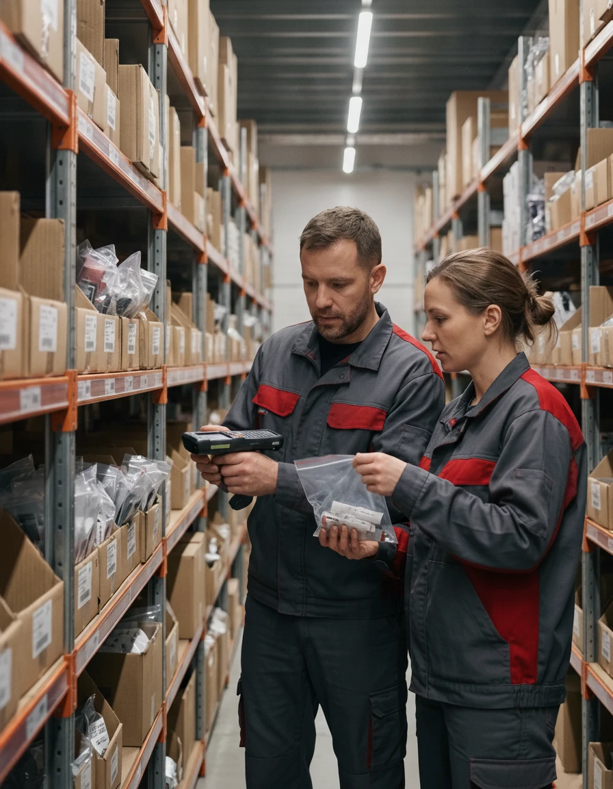 Warehouse staff checking data on a tablet